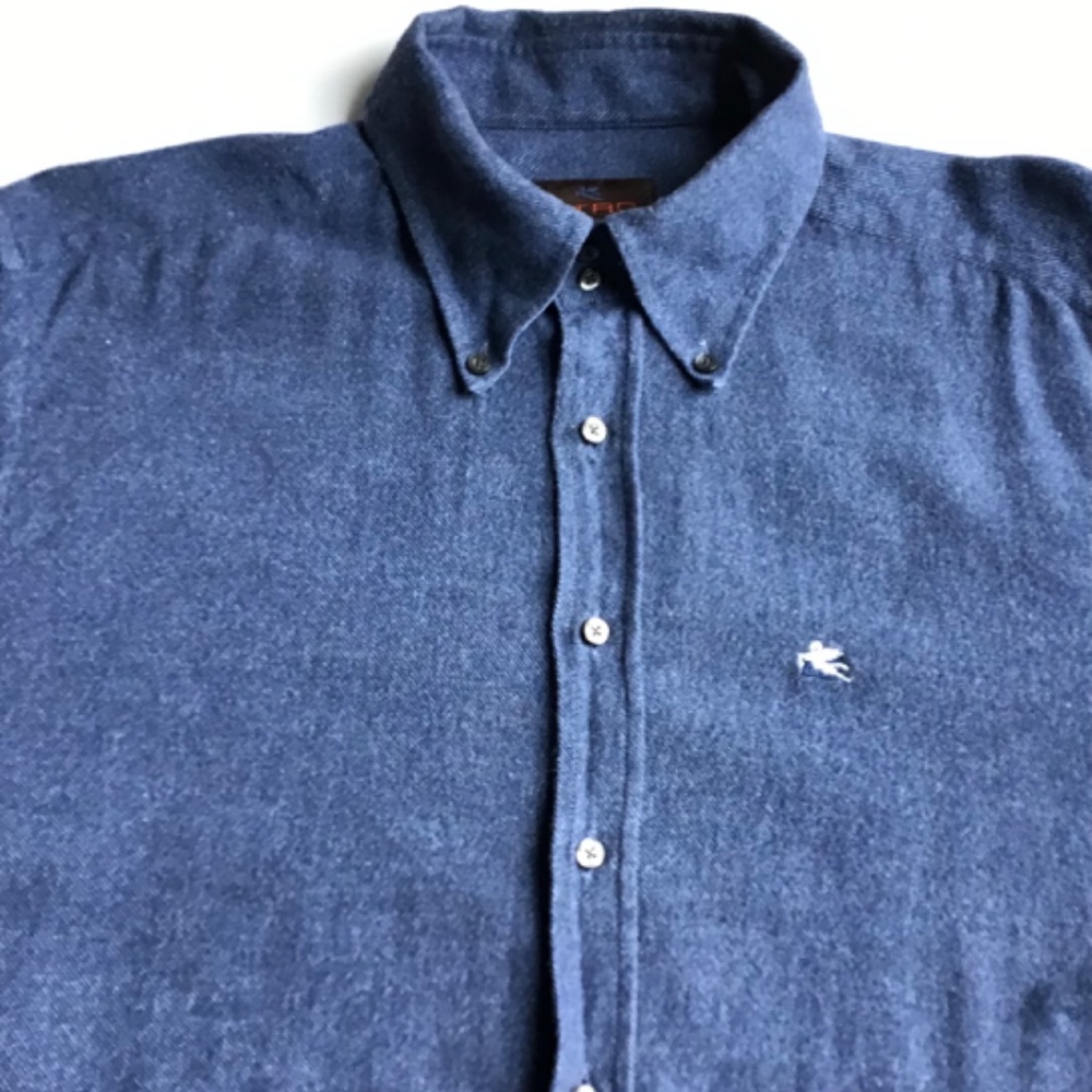 ETRO  nice blue cotton flannel button -down shirt  Sz 18~45 made in Italy 🇮🇹